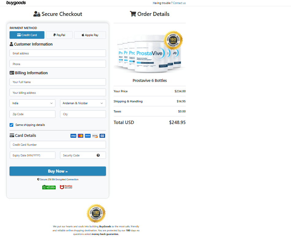 ProstaVive secure checkout page — order online safely